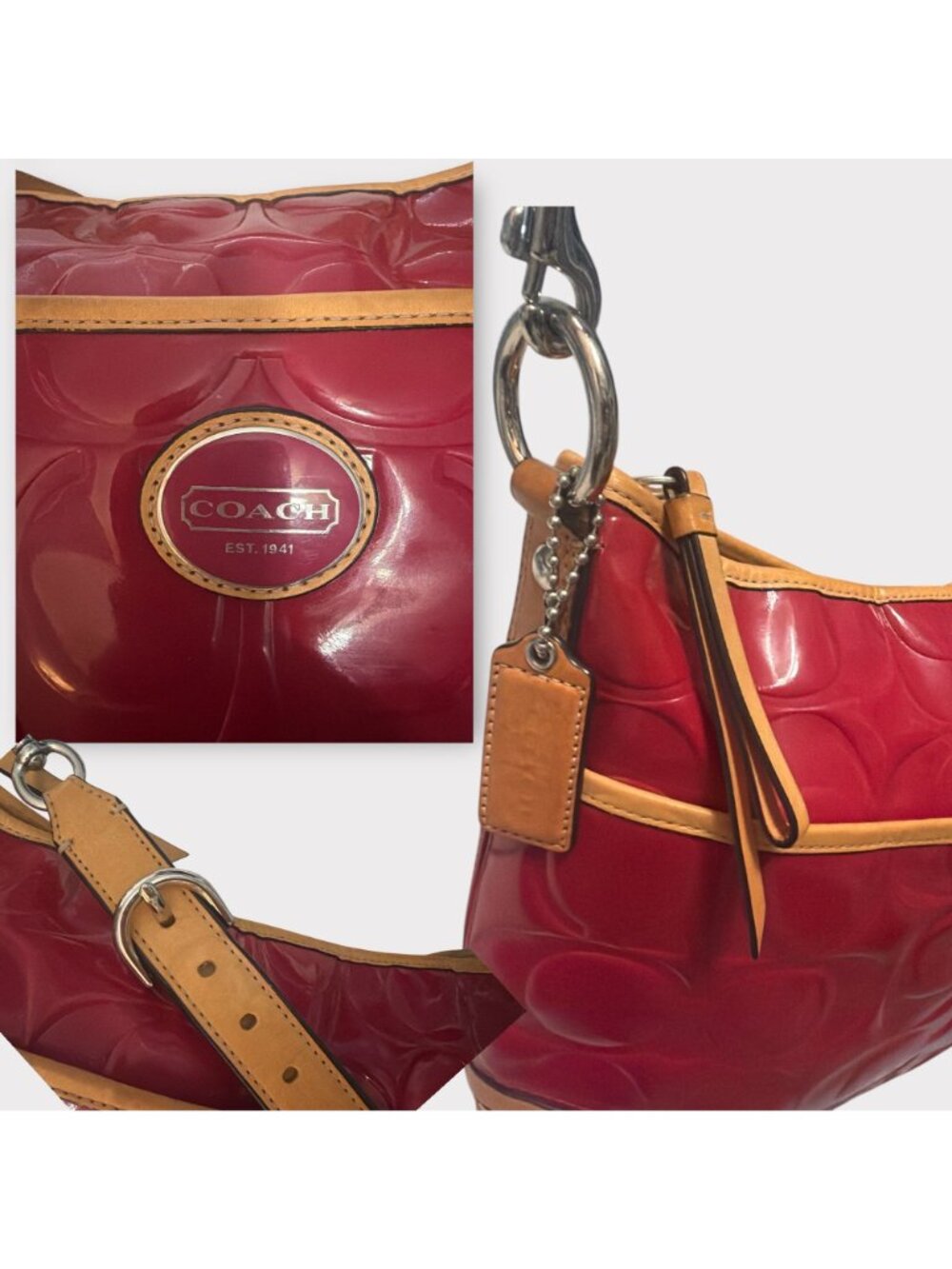 Coach Peyton Embossed C Patent Leather Hobo F20022 Pink Cerise Tan Trim Converts - Picture 7 of 9